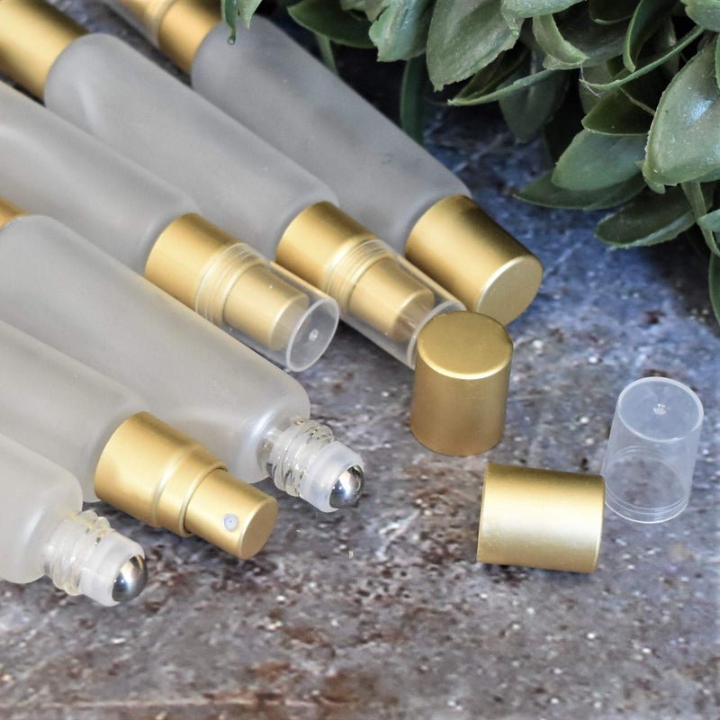 holistic oils 6-Pack Frosted Clear Glass Bottles with Dual Ends â€“ Sprayer & Roller Tops â€“ Leakproof, Quality Essential Oil & Perfume Bottles with Elegant Gold Accents â€“ Refillable Custom Blend Containers - Image 3